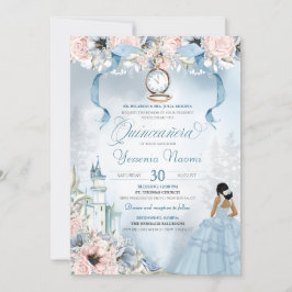 Cinderella Fairy Tale Blue Pink Floral Quinceanera Einladung