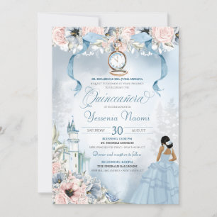 Cinderella Fairy Tale Blue Pink Floral Quinceanera Einladung