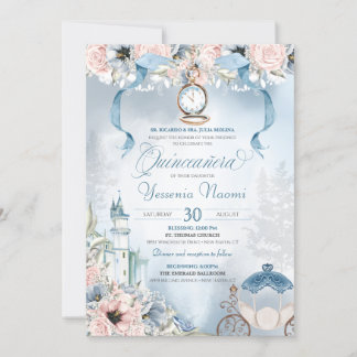 Cinderella Fairy Tale Light Blue Pink Quinceanera Einladung