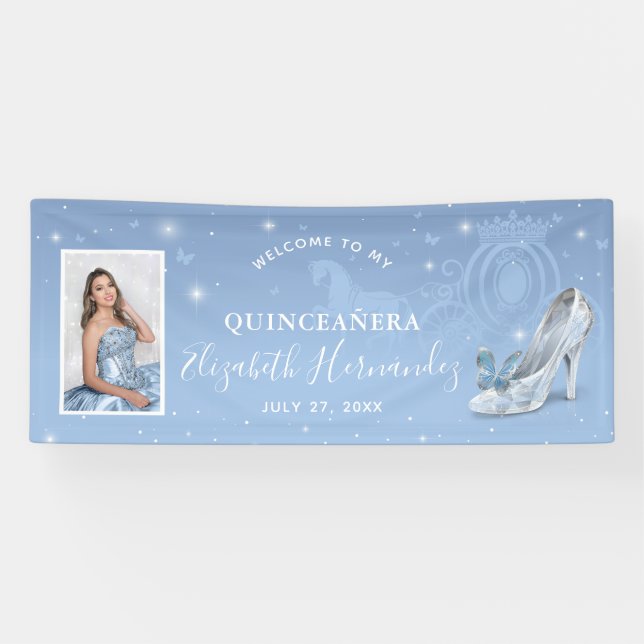 Cinderella Light Blue Quinceanera Foto Geburtstag Banner (Horizontal)