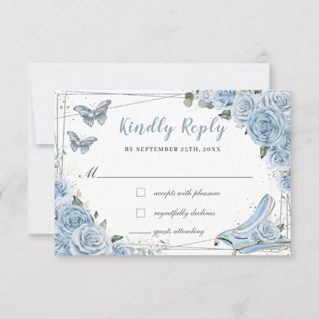 Cinderella Princess Baby Blue Floral Quinceañera RSVP Karte (Vorderseite)