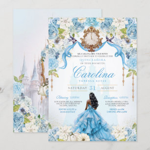 Cinderella Quinceañera Blue Gold Luxus Geburtstag Einladung