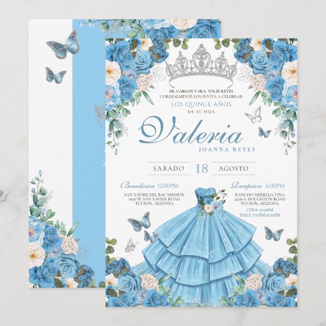 Cinderlla Blue Silver Elegant Prinzessin Quinceañe Einladung (Vorne/Hinten)