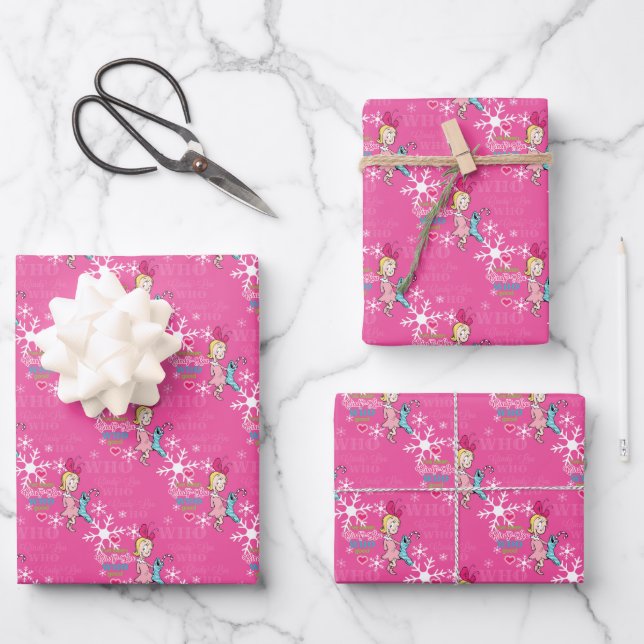 Cindy-Lou Who Good Pink Snowflake Muster Geschenkpapier Set (Vorderseite)