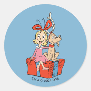 Cindy Lou Who und Max auf einem Geschenk Runder Aufkleber