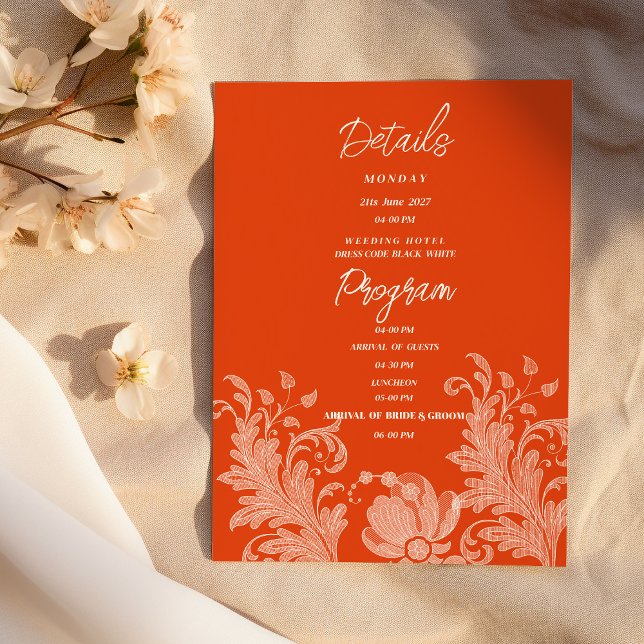 Cinnamon orange white floral lace Details Program Einladung (Cinnamon orange white floral lace Details Program )