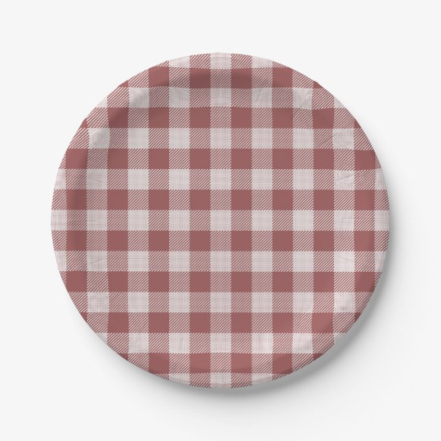 Cinnamon Red Gingham Kariert Paper Plate Pappteller (Vorderseite)