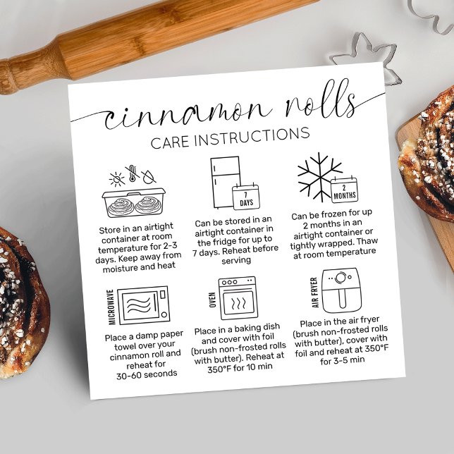 Cinnamon Rolls Instructions Minimal Cake Bäckerei Quadratische Visitenkarte (Minimalist cinnamon rolls care & heating instructions cards with care icons, elegant script font)
