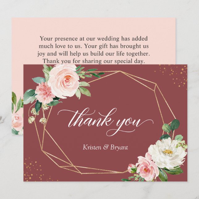 Cinnamon Rose Blush Floral Gold Geometrische Hochz Dankeskarte (Vorne/Hinten)