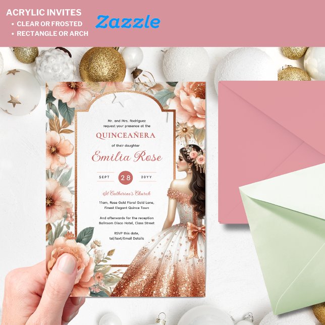 Cinnamon Rose Gold Quinceñera Kleidung Blumenzaube Acryleinladungen (Von Creator hochgeladen)