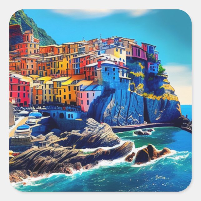 Cinque Terre, Italien - Ölmalerei Quadratischer Aufkleber (Vorderseite)