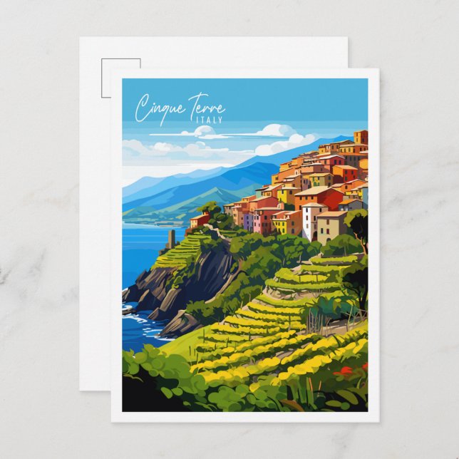 Cinque Terre Italy Vintage Illustration Postkarte (Vorne/Hinten)