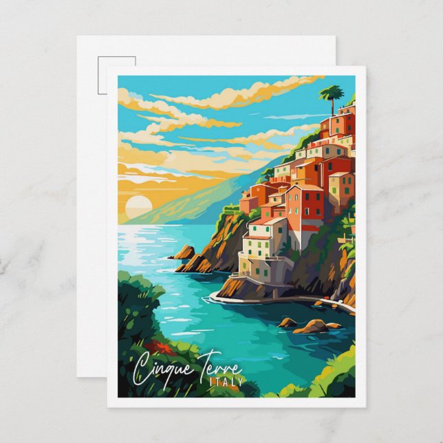 Cinque Terre Italy Vintage Illustration Postkarte (Vorne/Hinten)