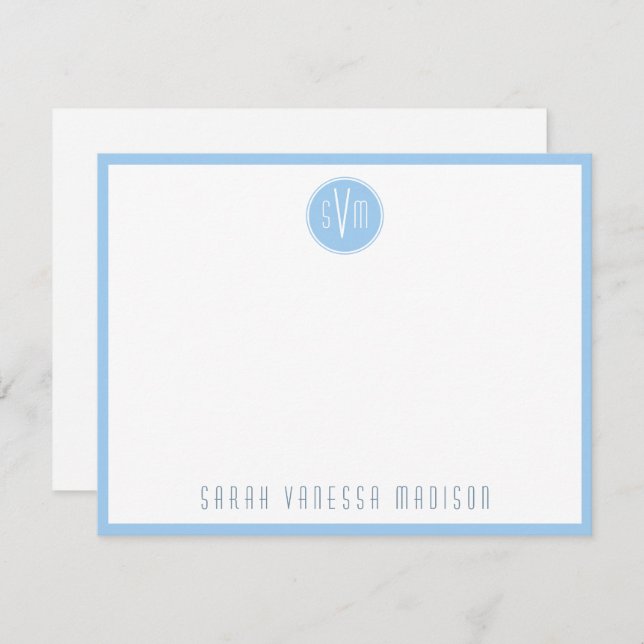 Circle Blue Monogram Name Note Card Mitteilungskarte (Vorne/Hinten)