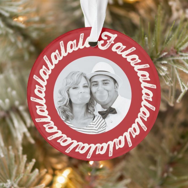 Circle Falalala Bold Script Foto Red Christmas Ornament (Baum)