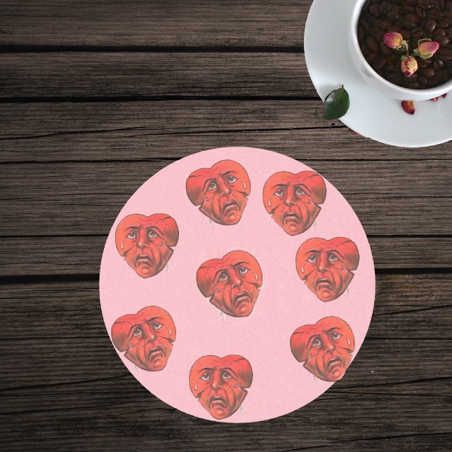 Circle of Surreal Broken Cry Red Heart Faces Untersetzer (Red hearts with sad crying faces on light pink glass drink coaster.)