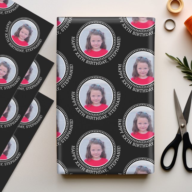 Circle One Foto Happy Birthday Gruß - Black Geschenkpapier Set (Personalized Wrapping Paper - add photos to this festive holiday design)