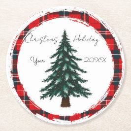 Circle Plaid Christmas Tree plates. Runder Pappuntersetzer