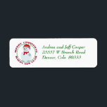 Circle Text Christmas Snowman<br><div class="desc">Festlich für die Feiertagszeit präsentieren sich diese festlichen Rücksendeadressen-Aufkleber mit dem Bild eines lächelnden Schneemanns mit Karottennase in rotem Schal und Strumpf. Das Bild ist umgeben von dem kreisförmigen Text in rot Frohe Weihnachten Glück Neues Jahr. Niedlich! Das Bild und der Text werden auf einem weißen Hintergrund platziert, und Ihre...</div>