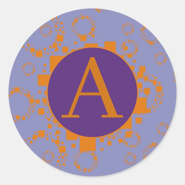 Circles monogram Orange Lila Initialquadrate Runder Aufkleber (Vorderseite)
