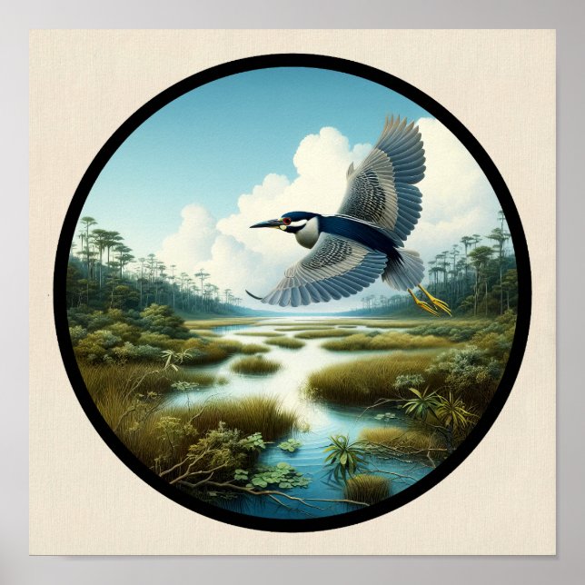 Circular 3D-Bild eines gelb gekrönten Nachtherons Poster (Vorne)