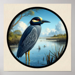 Circular 3D-Bild eines gelb gekrönten Nachtherons Poster