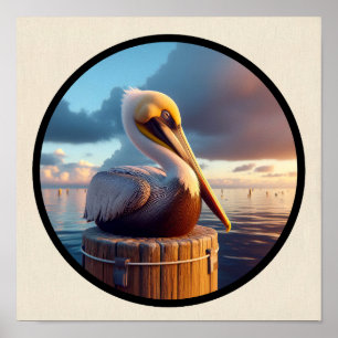 Circular 3D-Bild eines schönen braunen Pelican Poster