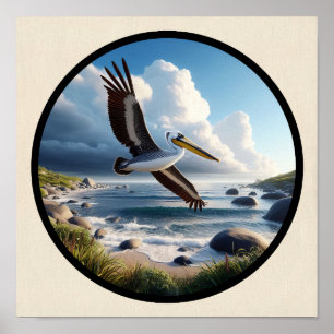 Circular 3D-Bild eines schönen braunen Pelican Poster