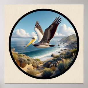 Circular 3D-Bild eines schönen braunen Pelican Poster