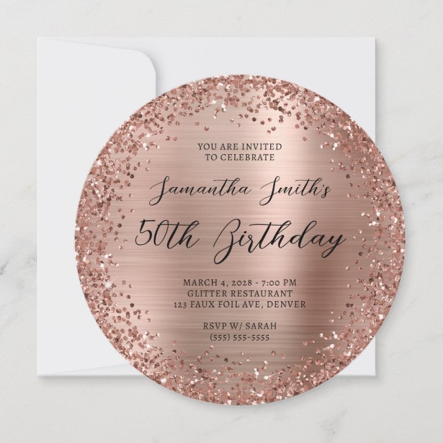 Circular Rose Gold Glitzer Foil 50. Geburtstag Einladung (Vorderseite)
