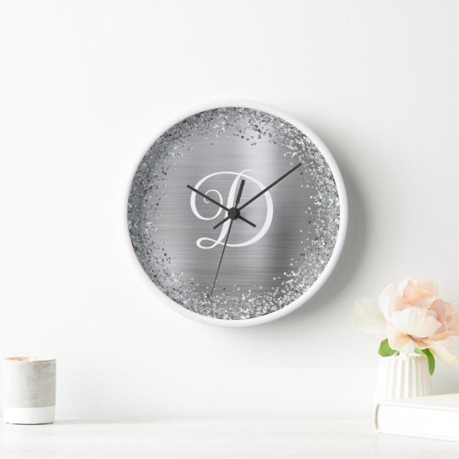 Circular Silver Glitzer and Foil Monogram Uhr (Zuhause)