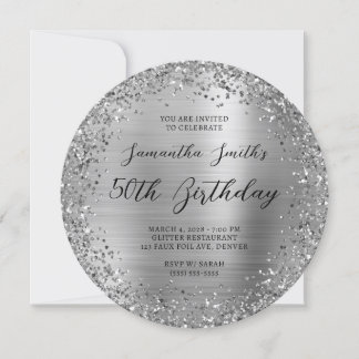 Circular Silver Glitzer Foil 50. Geburtstag Einladung