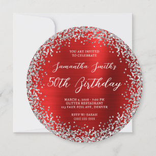 Circular Silver Glitzer Red Foil 50. Geburtstag Einladung