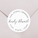 Circular Wedding Address Calligraphy Couple Names Runder Aufkleber<br><div class="desc">Maßgeschneiderte kreisförmige Rücksendeadressen-Aufkleber mit personalisierten Ehepaaren/Brauten und Bräutigamen in moderner Handkalligraphie. Ideal zum Dekorieren von Hochzeitsumschlägen,  Geschenken,  Favoriten,  neuen Zuhause-Ankündigungen und vieles mehr!</div>
