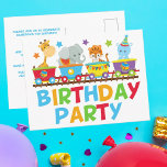Circus Animal Train Cute Kids Birthday Party Postkarte<br><div class="desc">This adorable circus animal birthday postcard invitation features zoo animals out on a safari. The train contains a giraffe,  elephant,  tiger,  and a cute hippo above the text Birthday Party written in cool orange,  green,  red,  and blue colors. Personalize the back with your fun kids party celebration details.</div>
