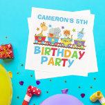 Circus Animal Train Niedlich Kids Name Birthday Pa Serviette<br><div class="desc">Die bezaubernde Geburtstagsparty im Zirkus mit Zoo-Tieren auf Safari. Der Zug enthält eine Giraffe,  einen Elefanten,  einen Tiger und einen niedlichen Hippo über dem Monogramm Ihres Kindes,  das in coolen Farben wie Orange,  Grün,  Rot und Blau geschrieben ist.</div>