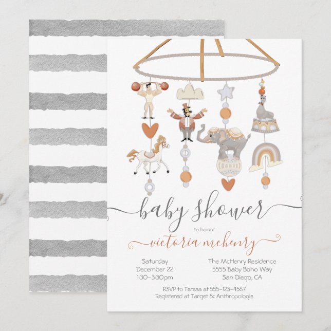 Circus Animals Mobile Baby Dusche Einladung (Vorne/Hinten)