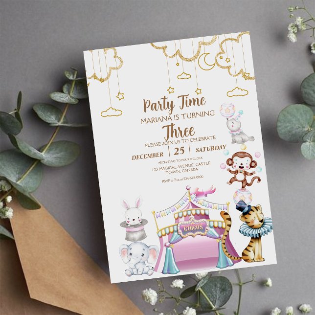Circus Animals Niedlich Girly 3. Geburtstag Einladung (Von Creator hochgeladen)