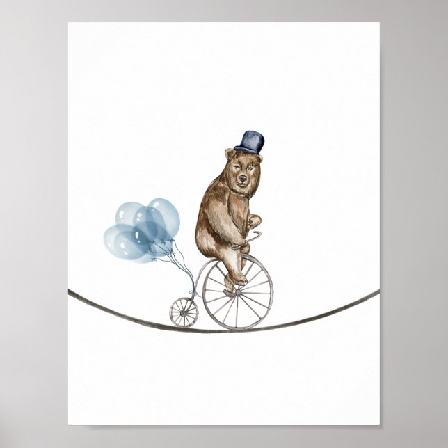 Circus Bear On A Bike With Blue Balloons Nursery Poster (Vorne)