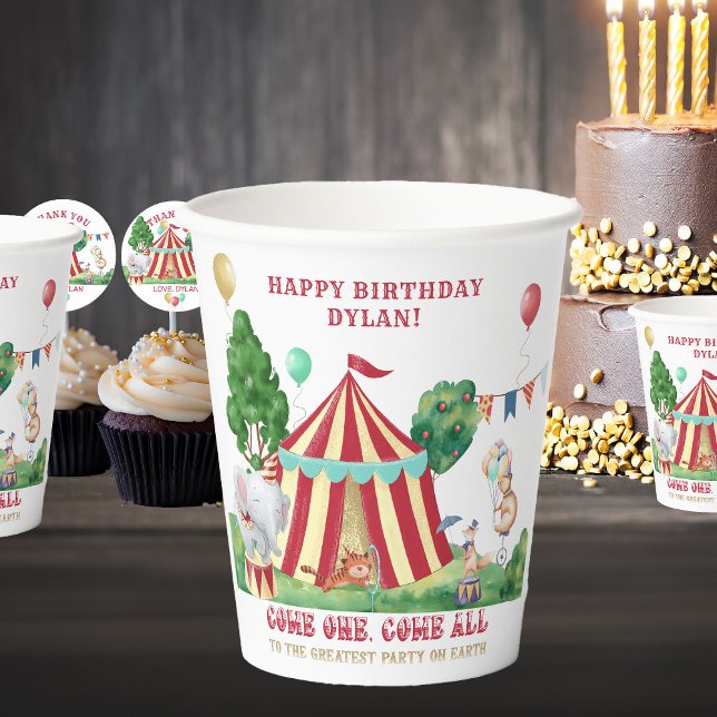 Circus Big Top und Karneval Tiere Personalisiert Pappbecher (Circus Themed Paper Cups personalized for Kids Birthday)