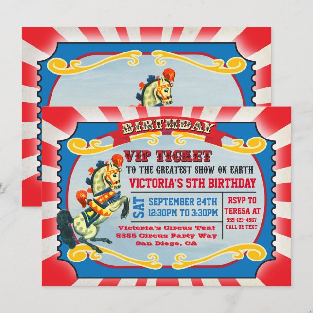 Circus Birthday Party VIP Ticket Einladung (Vorne/Hinten)