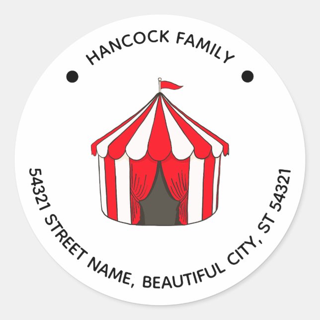 Circus Carnival Big Top Red Zent Kid Address Label Runder Aufkleber (Vorderseite)