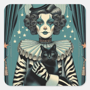 Circus Clown-Frau und eine schwarze Katze Quadratischer Aufkleber