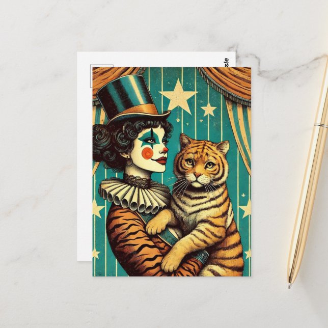 Circus Clown und eine Tiger Kitty Postkarte (Vorderseite/Rückseite Beispiel)