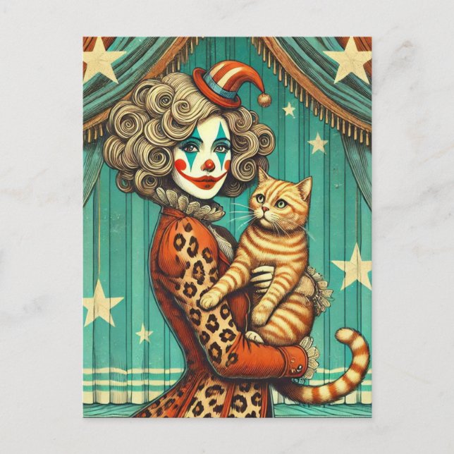 Circus Clown und ihr Ginger Kitty Postkarte (Vorderseite)