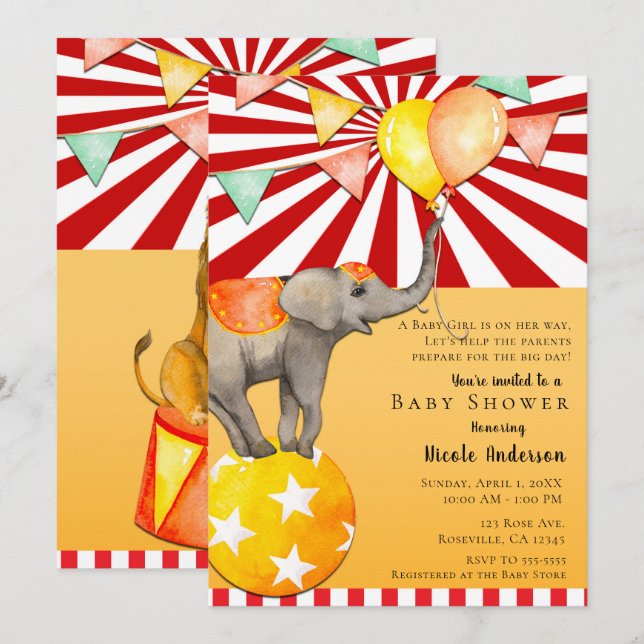 Circus Elephant auf Ball Carnival Baby Dusche Part Einladung (Vorne/Hinten)
