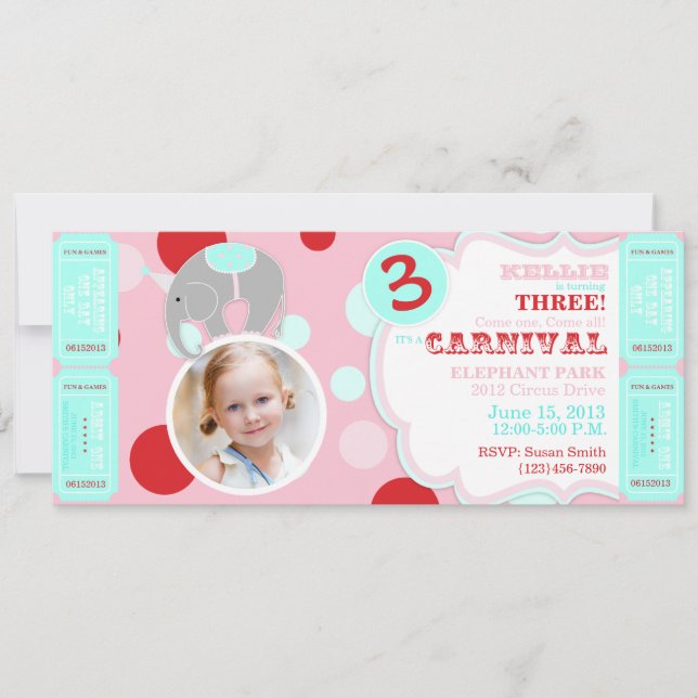 Circus Elephant zum Geburtstag Einladung Rosa (Vorderseite)