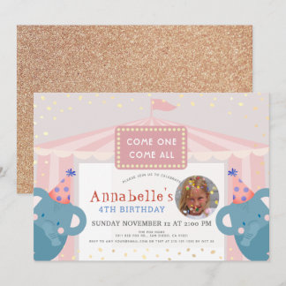 Circus Karneval Elephant Pink Girl Foto Geburtstag Einladung