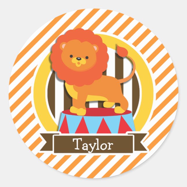 Circus Lion; orange und weiße Streifen Runder Aufkleber (Vorderseite)