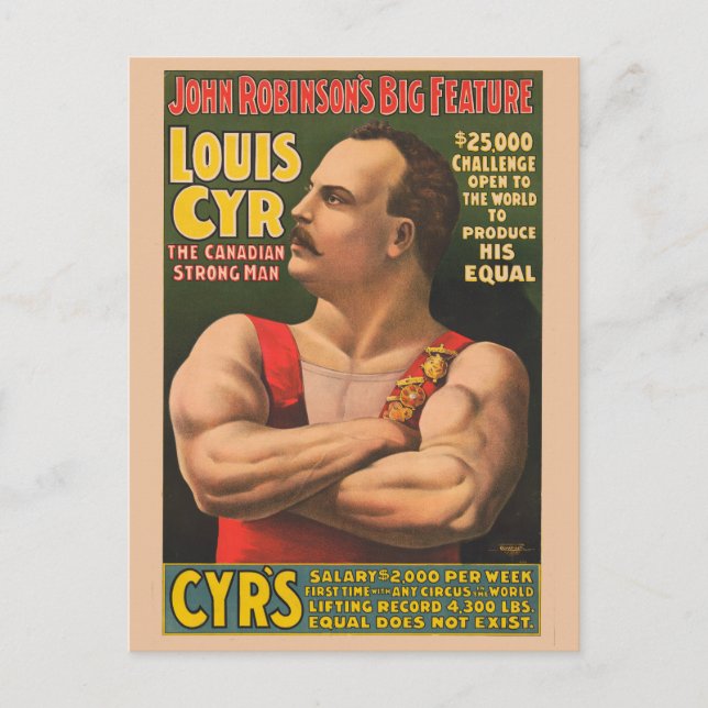 Circus Poster zeigt Louis Cyr mit überquerten Waff Postkarte (Vorderseite)